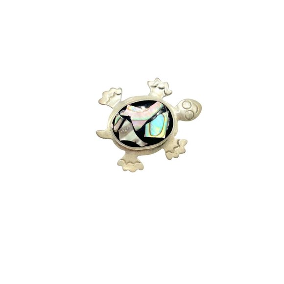 Vintage Alpaca Silver Mexico Turtle Pin Brooch with Abalone Shell & Stone Inlay - Picture 1 of 7